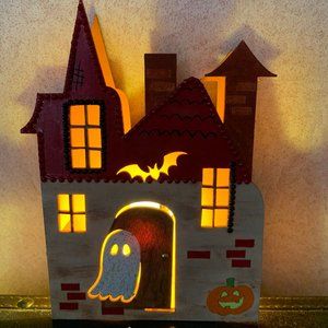 ⭐️Hand Painted Wooden Haunted House Night Light